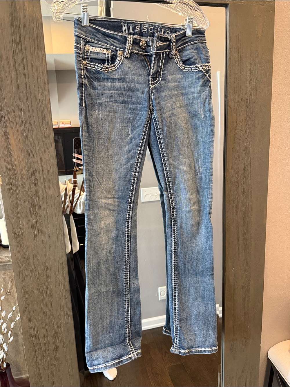 Miss Chic Jeans Medium Blue Flare Jeans with Contrast Stitching